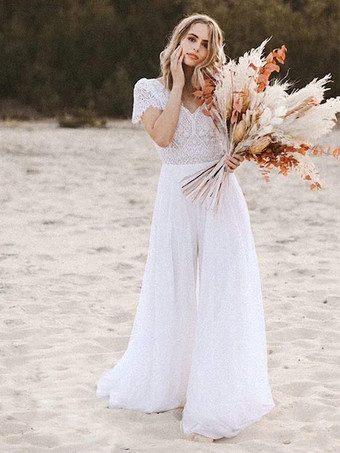 ホワイトブライダルジャンプスーツ シフォン カットアウト フロア丈ジャンプスーツ Vネック 半袖 ナチュラルウエスト アイボリー