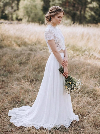 ツーピースウェディングドレス レース ジュエルネック トレーン付きツーピースウェディングドレス 機能的なボタン 半袖 ロング