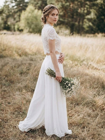 ツーピース ブライダルパンツスーツ シフォンレース ジュエルネック ツーピース フロア丈 ジッパー 半袖 フロア丈