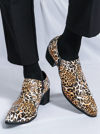 メンズドレスシューズ ポインテッドトゥ レオパード柄 チャンキーヒールシューズ