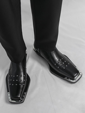 ブラック アンクルブーツ スクエアトゥ スタッズ付き チャンキーヒール メンズ