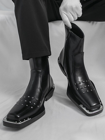 ブラック アンクルブーツ スクエアトゥ スタッズ付き チャンキーヒール メンズ