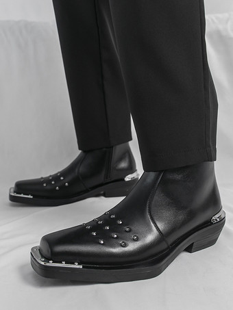 ブラック アンクルブーツ スクエアトゥ スタッズ付き チャンキーヒール メンズ