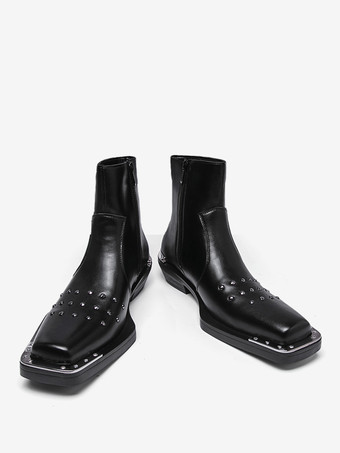 ブラック アンクルブーツ スクエアトゥ スタッズ付き チャンキーヒール メンズ
