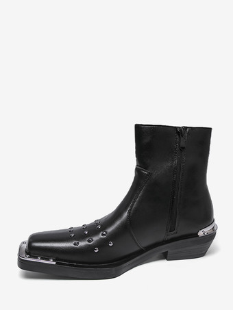 ブラック アンクルブーツ スクエアトゥ スタッズ付き チャンキーヒール メンズ