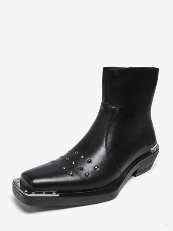 ブラック ブラック アンクルブーツ スクエアトゥ スタッズ付き チャンキーヒール メンズ