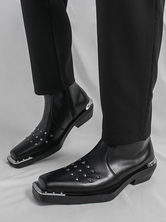 ブラック アンクルブーツ スクエアトゥ スタッズ付き チャンキーヒール メンズ