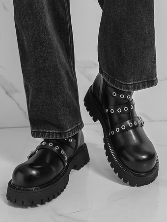 ブラック アンクルブーツ メンズ バックルディテール コンバットブーツ