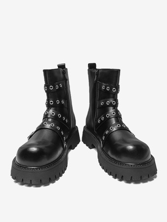 ブラック アンクルブーツ メンズ バックルディテール コンバットブーツ