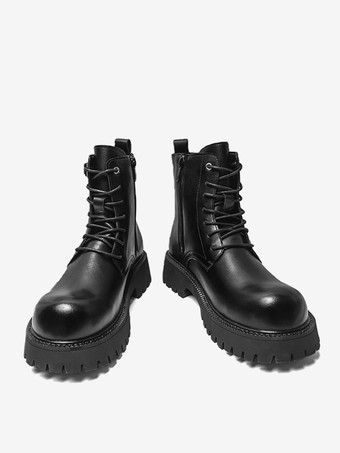 ブラックマーティンブーツ メンズ ラウンドトゥ レースアップ アンクルブーツ