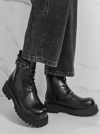 ブラックマーティンブーツ メンズ ラウンドトゥ レースアップ アンクルブーツ