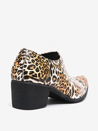 メンズドレスシューズ ポインテッドトゥ レオパード柄 チャンキーヒールシューズ