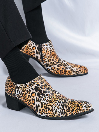 メンズドレスシューズ ポインテッドトゥ レオパード柄 チャンキーヒールシューズ