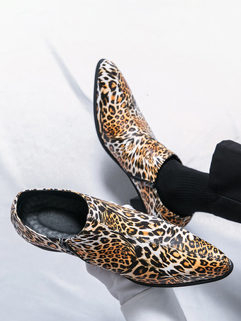 メンズドレスシューズ ポインテッドトゥ レオパード柄 チャンキーヒールシューズ