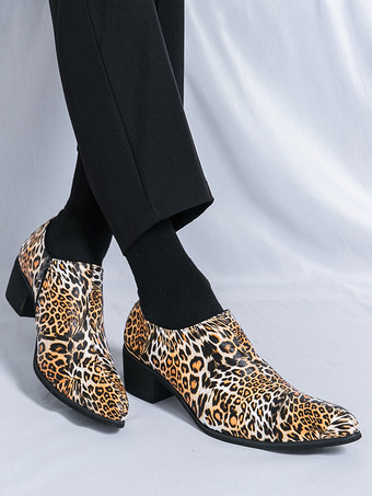 メンズドレスシューズ ポインテッドトゥ レオパード柄 チャンキーヒールシューズ