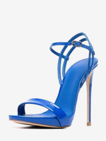 ブルー ゴールドのハイヒールサンダル、メタリックなオープントゥのハイヒール、プロムシューズ