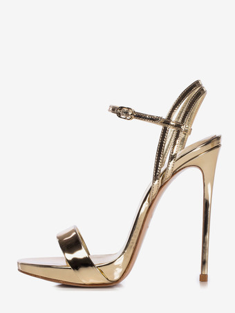 ゴールド ゴールドのハイヒールサンダル、メタリックなオープントゥのハイヒール、プロムシューズ