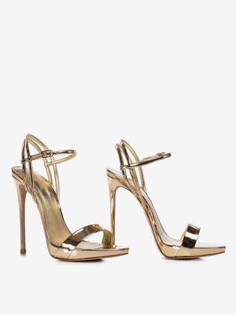 ゴールドのハイヒールサンダル、メタリックなオープントゥのハイヒール、プロムシューズ