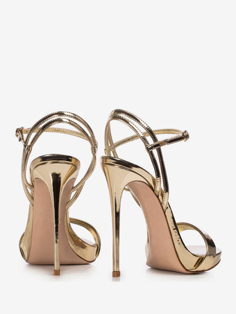 ゴールドのハイヒールサンダル、メタリックなオープントゥのハイヒール、プロムシューズ