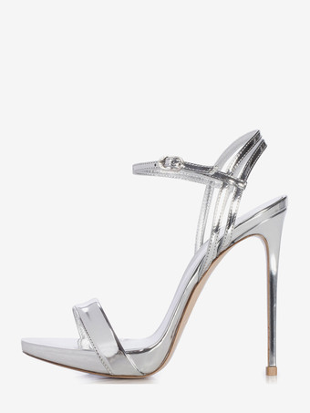 シルバー ゴールドのハイヒールサンダル、メタリックなオープントゥのハイヒール、プロムシューズ