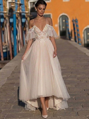 ボヘミアン風ウェディングドレス　チュールレース　Aライン　トレーン付き　ナチュラルウエスト　ファスナー　半袖　Vネック　アイボリー