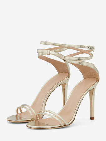 ゴールドのハイヒールパーティーシューズ、オープントゥ、アンクルストラップ付き、プロムシューズ