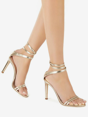 ゴールドのハイヒールパーティーシューズ、オープントゥ、アンクルストラップ付き、プロムシューズ