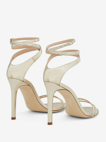 ゴールドのハイヒールパーティーシューズ、オープントゥ、アンクルストラップ付き、プロムシューズ