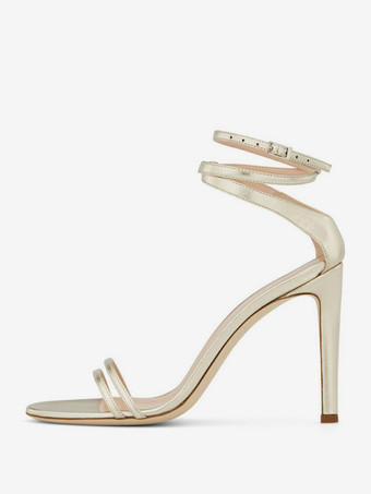 ゴールドのハイヒールパーティーシューズ、オープントゥ、アンクルストラップ付き、プロムシューズ