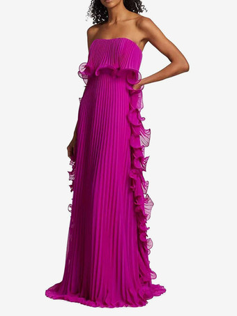パープル プリーツ入りストラップレスレディースマキシチューブドレス - サイドフリル付き流れるようなロングガウン - 夏のビーチウェディングゲスト 2026