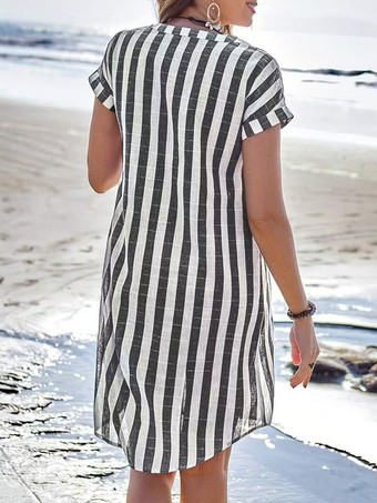 縦ストライプ柄レディースシャツワンピース - 半袖ボタンダウンミディドレス - 夏のビーチバケーション2026