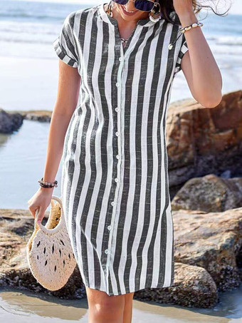 ブラック 縦ストライプ柄レディースシャツワンピース - 半袖ボタンダウンミディドレス - 夏のビーチバケーション2026