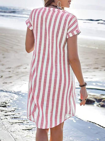 縦ストライプ柄レディースシャツワンピース - 半袖ボタンダウンミディドレス - 夏のビーチバケーション2026
