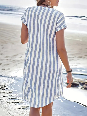 縦ストライプ柄レディースシャツワンピース - 半袖ボタンダウンミディドレス - 夏のビーチバケーション2026