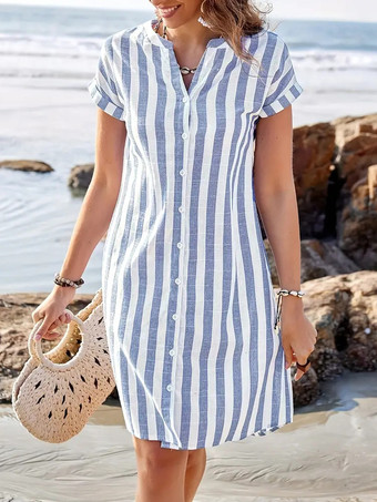 縦ストライプ柄レディースシャツワンピース - 半袖ボタンダウンミディドレス - 夏のビーチバケーション2026