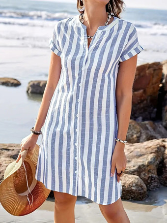 縦ストライプ柄レディースシャツワンピース - 半袖ボタンダウンミディドレス - 夏のビーチバケーション2026
