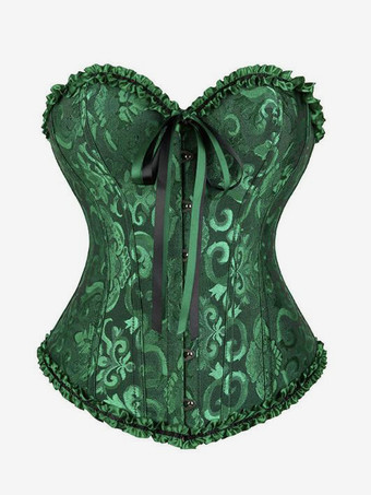 ダークグリーンコルセット ランジェリー シェイプウェア ゴールド 花柄プリント ノースリーブ 前ボタン レースアップ