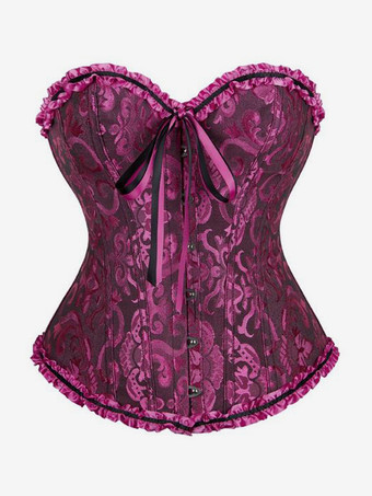 パープル コルセット ランジェリー シェイプウェア ゴールド 花柄プリント ノースリーブ 前ボタン レースアップ