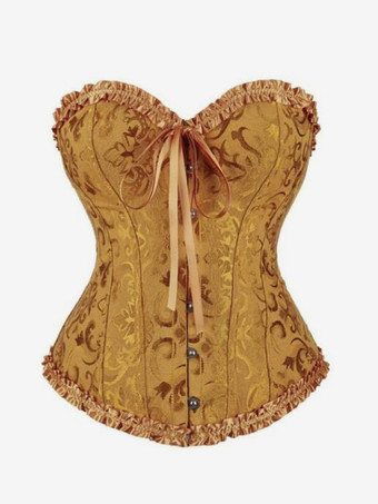 マスタードコルセット ランジェリー シェイプウェア ゴールド 花柄プリント ノースリーブ 前ボタン レースアップ