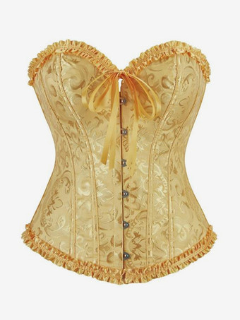 ゴールドコルセット ランジェリー シェイプウェア ゴールド 花柄プリント ノースリーブ 前ボタン レースアップ