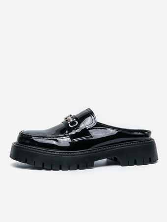 ブラック メンズ ミュール ローファー ラウンドトゥ メタルディテール スリッポンシューズ