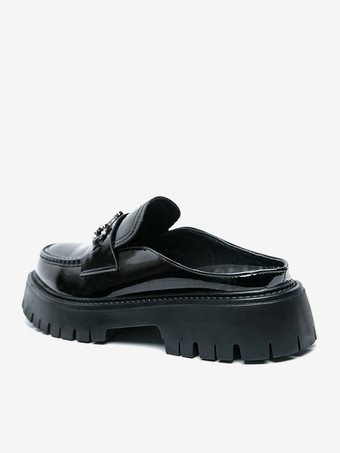 ブラック メンズ ミュール ローファー ラウンドトゥ メタルディテール スリッポンシューズ