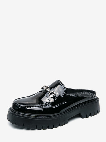 ブラック ブラック メンズ ミュール ローファー ラウンドトゥ メタルディテール スリッポンシューズ