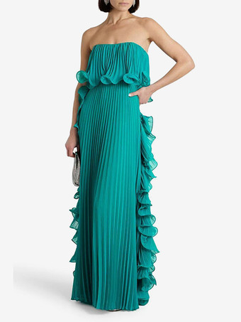 グリーン プリーツ入りストラップレスレディースマキシチューブドレス - サイドフリル付き流れるようなロングガウン - 夏のビーチウェディングゲスト 2026