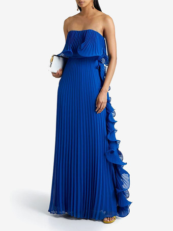 ブルー プリーツ入りストラップレスレディースマキシチューブドレス - サイドフリル付き流れるようなロングガウン - 夏のビーチウェディングゲスト 2026