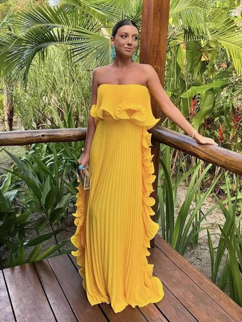 イエロープリーツ入りストラップレスレディースマキシチューブドレス - サイドフリル付き流れるようなロングガウン - 夏のビーチウェディングゲスト 2026