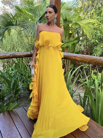 プリーツ入りストラップレスレディースマキシチューブドレス - サイドフリル付き流れるようなロングガウン - 夏のビーチウェディングゲスト 2026