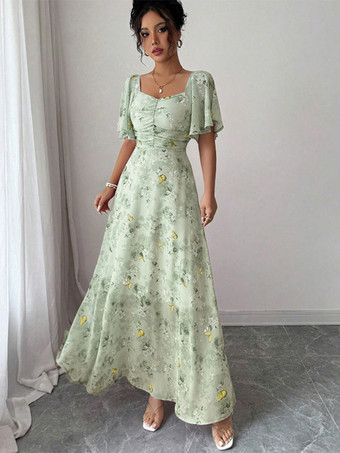 ライトグリーン バタフライプリント レディース シフォン マキシドレス - ギャザー入りバスト フリル袖 デートナイトドレス - 夏のガーデンウェディングゲスト 2026