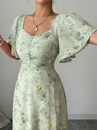 バタフライプリント レディース シフォン マキシドレス - ギャザー入りバスト フリル袖 デートナイトドレス - 夏のガーデンウェディングゲスト 2026