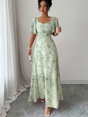 バタフライプリント レディース シフォン マキシドレス - ギャザー入りバスト フリル袖 デートナイトドレス - 夏のガーデンウェディングゲスト 2026